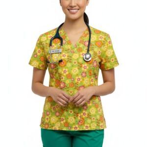 Peaches Women's Lime Orange Gold Daisy Floral Print Cotton SS Scrubs Top Size XS